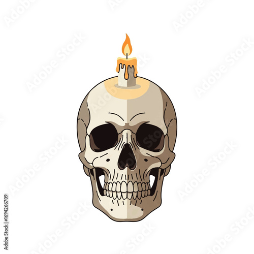 A human skull with a lit candle atop its head, a symbolic image of remembrance and mortality against a white background.