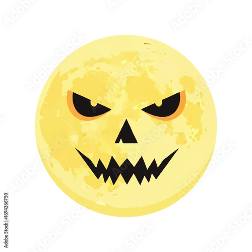 A menacing jack-o'-lantern face grins from a full, pale yellow moon against a white background, creating an eerie Halloween vibe.