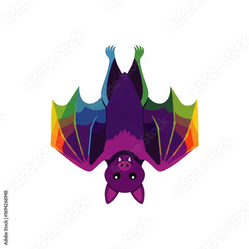 A vibrant rainbow bat hangs upside down against a white background, conveying a playful and whimsical mood.