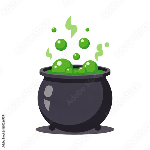 A bubbling cauldron of vibrant green potion simmers mysteriously, emitting magical steam against a stark white background.