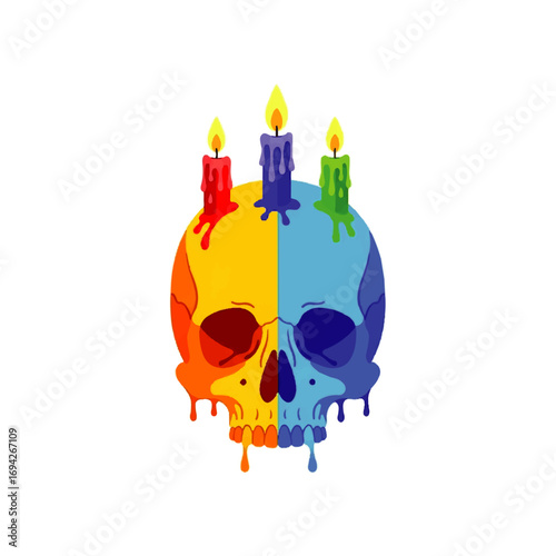 A vibrant, bi-colored skull, adorned with three melting candles, evokes a surreal and slightly macabre atmosphere.