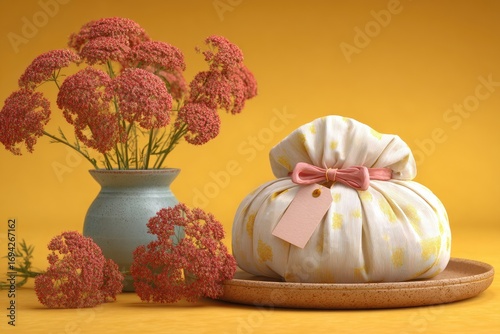 Gift-wrapped item with flowers,  pastel hues