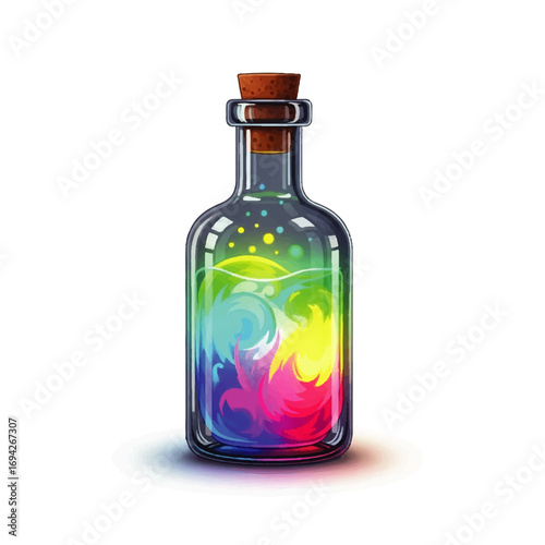A glass bottle with a cork stopper contains swirling, vibrant rainbow liquid, glowing mysteriously against a white background.