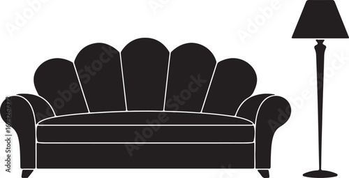 Black silhouette of a scalloped sofa and a tall floor lamp white couch