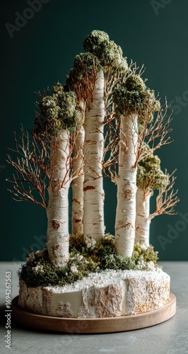 Birch trees sculpted on a cake, moss base