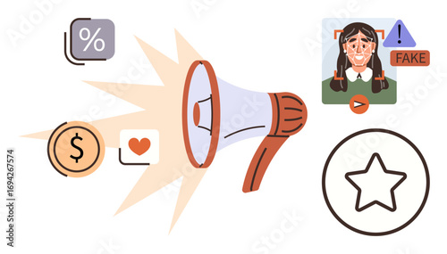 Megaphone spreading messages with dollar, heart, and percent icons, fake news illustration, and rating star. Ideal for media awareness, marketing, misinformation, engagement communication branding