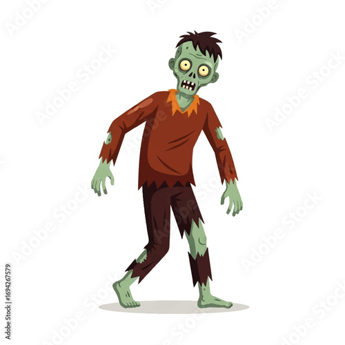 A decaying zombie shuffles forward with a menacing glare against a stark white background, conveying a spooky atmosphere.