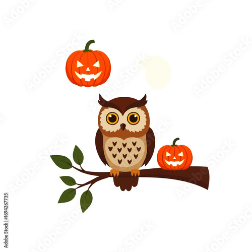 A whimsical brown owl perched on a branch with carved pumpkins under a moonlit Halloween sky.