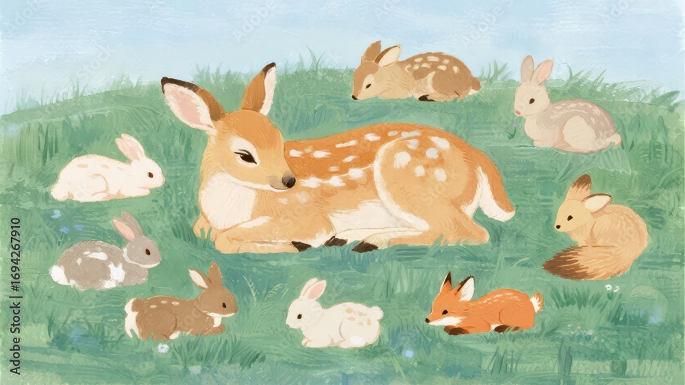 Naklejka premium Gentle Watercolor Wildlife with Nursery Theme, Delicate and Artistic Composition for Children's Decor