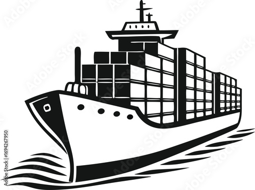 A black and white illustration of a container ship at sea carrying cargo containers on its deck.
