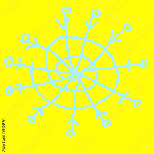 Doodle simple snowflake, naive child drawing, editable yellow background