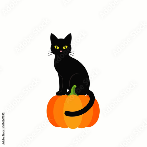 A black cat sits serenely atop an orange pumpkin against a white background, embodying the playful spirit of Halloween.