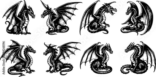 Set of vector dragon silhouettes on white background mythical creature collection. tattoo