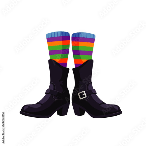 Colorful striped socks peek playfully from stylish black boots against a white background, conveying a whimsical and festive Halloween mood.