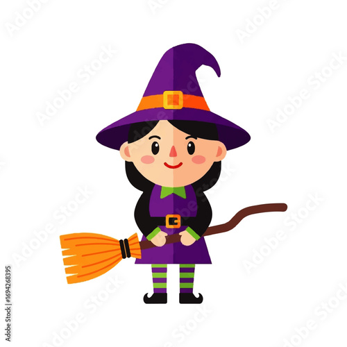A cheerful young witch in a purple costume holds a broomstick, ready for a playful Halloween flight.