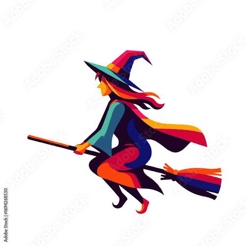 A vibrant witch soars playfully on her broomstick against a white background, embodying Halloween magic and whimsy.