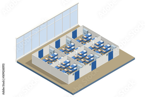 Isometric refugee camp interior with bunk beds and partitions, showing temporary housing for displaced people in crisis situations.