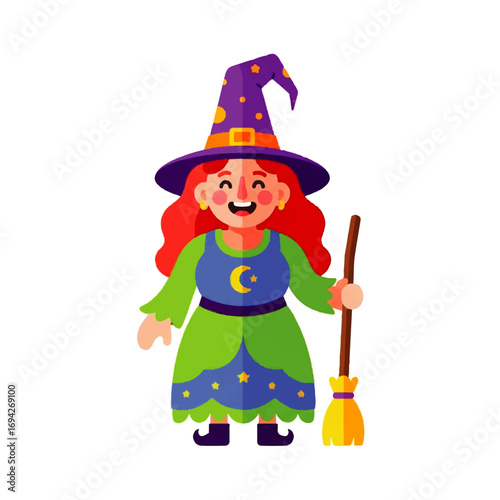 A cheerful young witch, dressed in green and blue, stands happily holding her broom against a white background.