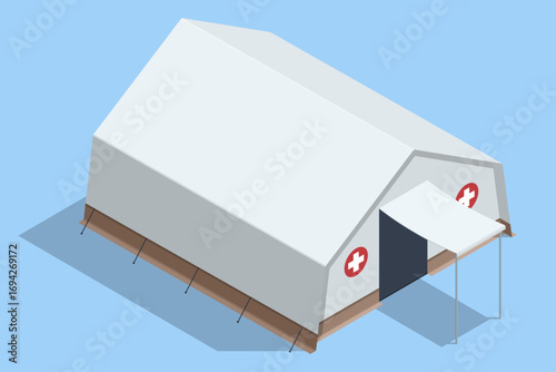 Isometric illustration of medical tent in refugee camp with red cross sign, symbolizing humanitarian aid, medicine and emergency healthcare.