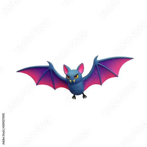 A playful, cartoon bat with purple wings soars across a white background, embodying a fun Halloween spirit.
