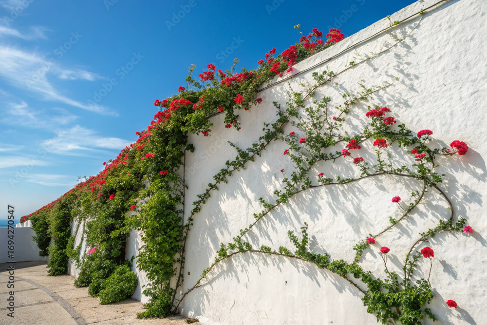 Fototapeta premium A plant with red flowers climbing a white wall. Gardening. Building.
