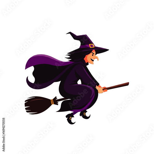 A grinning witch joyfully flies on her broomstick against a white background, embodying Halloween spirit.