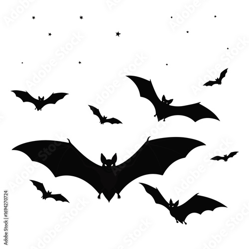 A flock of bats soars gracefully through the night sky, silhouetted against a backdrop of twinkling stars, creating an eerie yet captivating scene.