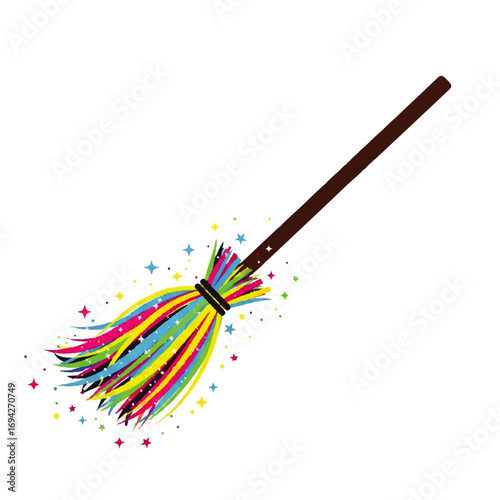 A vibrant, rainbow-colored witch's broom sweeps across a white background, sparkling with magical glitter, suggesting a whimsical and enchanting scene.
