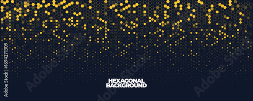 Hexagon Background Glowing Honeycomb Pattern In Yellow Blue Colors for AI, Tech Digital Forum and Conference Ad Presentation. Hexagonal Modern Texture. Halftone Gradient Backdrop. Vector Abstract BG