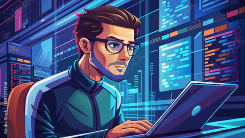 Close-up portrait of male developer typing on laptop. Isolated background highlights focus, innovation, and the digital craft of coding.
