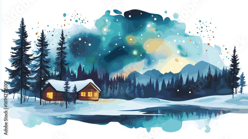 Northern Lights in Lapland. Northern Lights in Lapland watercolor vector illustration