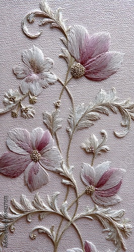Detailed floral wallpaper design.  Soft pink and cream blossoms, ornate leaves and stems