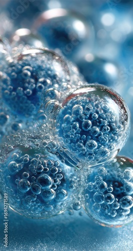 Close-up of clusters of translucent, blue bubbles