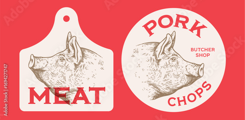 Pork, pig head, meat label. Template Meat Tag Label. Vintage retro print, tag, label with pig sketch ink pencil style drawing. Butchery pork pig head meat shop, text, typography. Vector Illustration