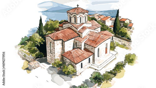 Saint John at Kaneo. Saint John at Kaneo watercolor vector illustration