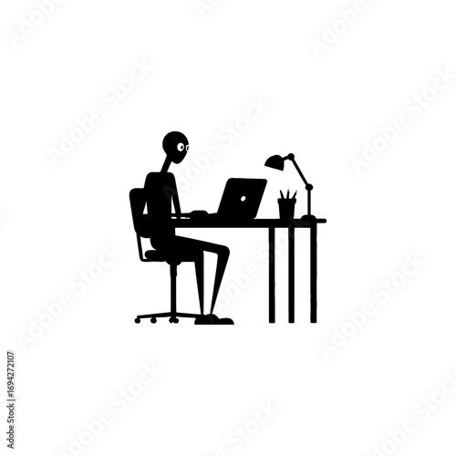 Focused individual engrossed in laptop work at desk with lamp, symbolizing productivity and modern office life in a clean, minimalist design