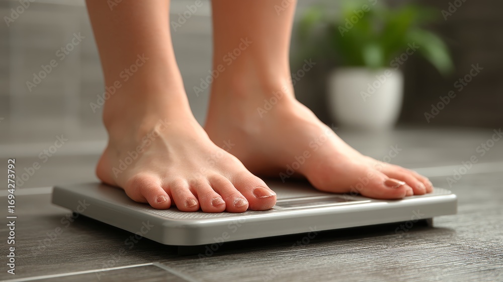Fototapeta premium Person standing on a scale in a home environment measuring weight progress
