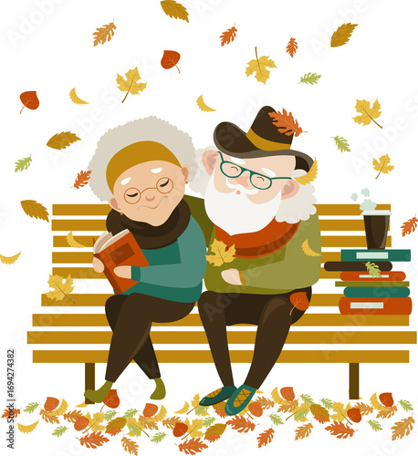Old couple in love sitting on bench. Vector romantic greeting card