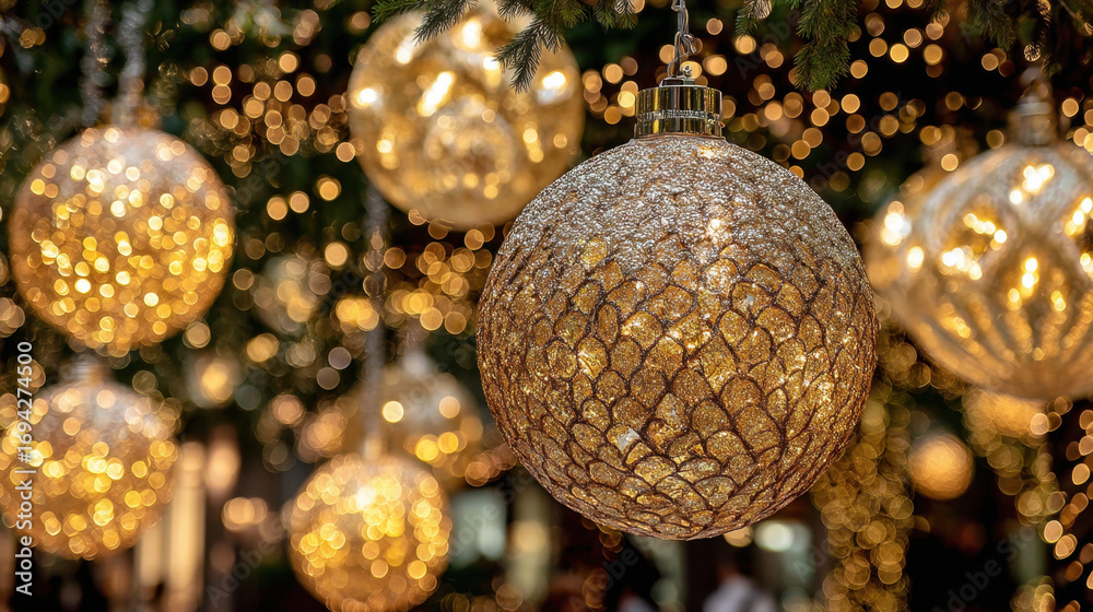 Obraz premium Golden Christmas ornaments hang elegantly against backdrop of shimmering lights, creating warm and festive atmosphere. intricate designs of ornaments add touch of elegance to holiday decor