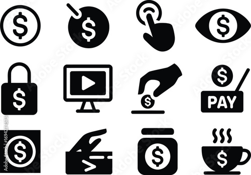 Collection of Business Icons Featuring Monetary Transactions Technology Media Consumption and Financial Security Concepts with Payment Methods and Currencies and Investments