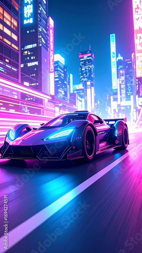Futuristic sports car in a vibrant neon city
