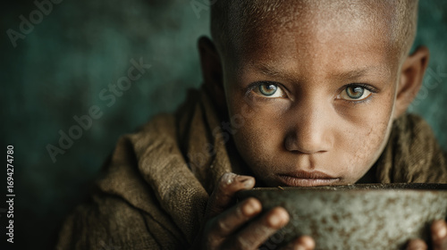 Close-up of a young child holding a bowl with a thoughtful expression