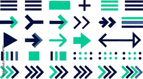 Collection of various directional arrows plus signs and bars in green and navy on a white background