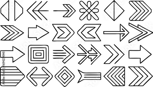 Collection of varied arrow designs and geometric shapes in black outline on a white background display