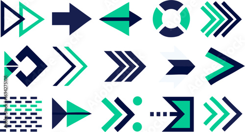Collection of fifteen arrow icons in blue and green with different styles and orientations on white