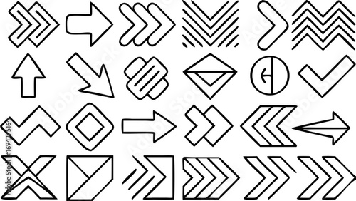 Illustration of twenty four different arrow and direction symbols in a black outline on a white background