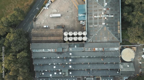 Top-down aerial view of an chemical plant in Golcar village, Huddersfield, West Yorkshire, England