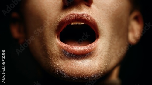 Close-up of a human mouth expressing emotion in dramatic lighting