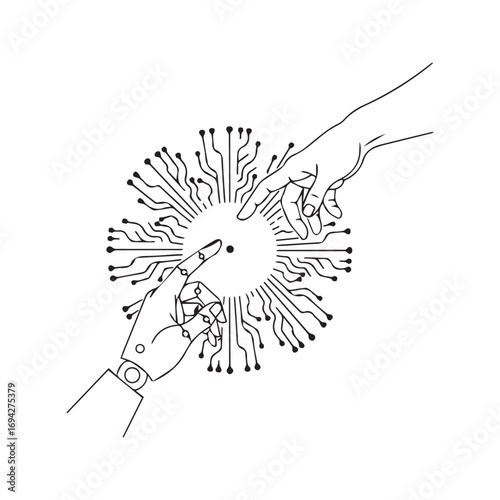 Human and robot hands connection line icon. AI and future technology concept symbolizing the creation and interaction between humanity and machines.
