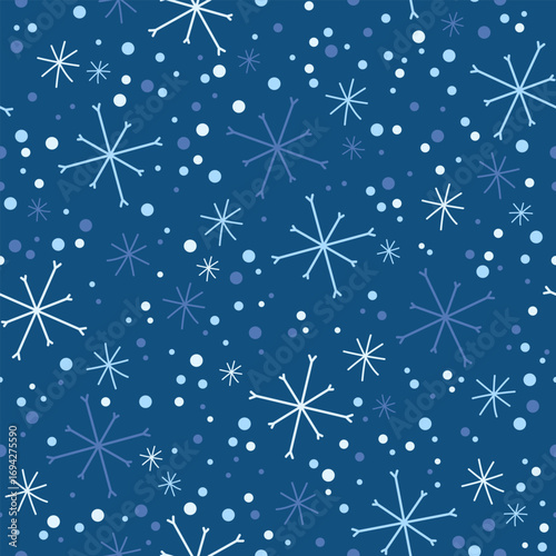 Snowflakes seamless pattern on a blue background, snowy background, winter decorative pattern, snow pattern design, winter seasonal wrapping paper, cute snowflakes digital paper design